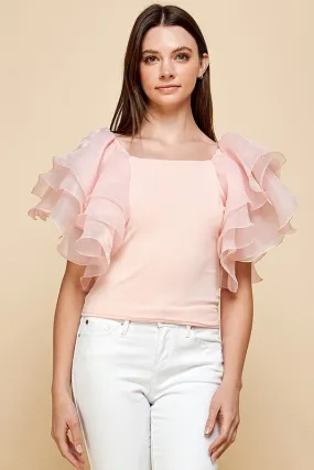 Peach Layered Puff Sleeves Blouse