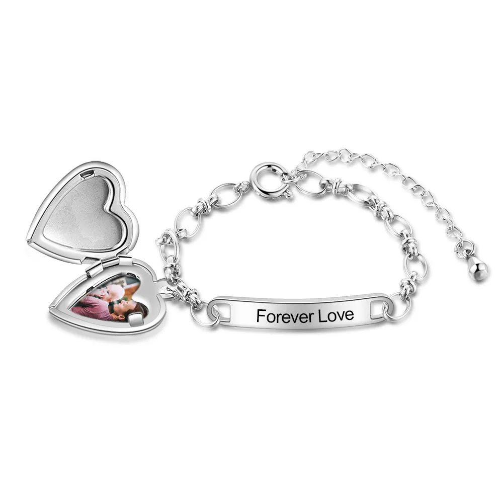 Personalized Women's Heart Locket Photo Bracelet Engraved - Mom Bracelet or Couples Bracelet