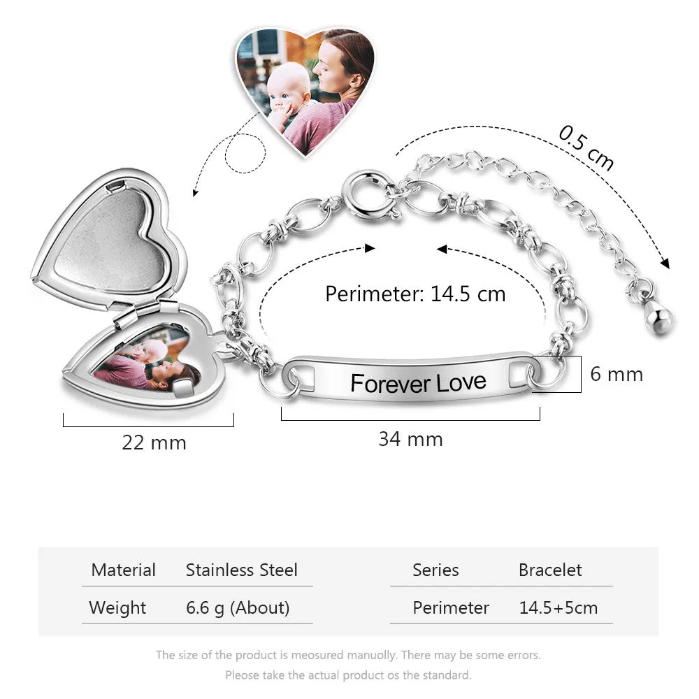 Personalized Women's Heart Locket Photo Bracelet Engraved - Mom Bracelet or Couples Bracelet