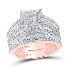 Radiant Rose Gold Baguette Diamond Halo Bridal Wedding Ring Band Set