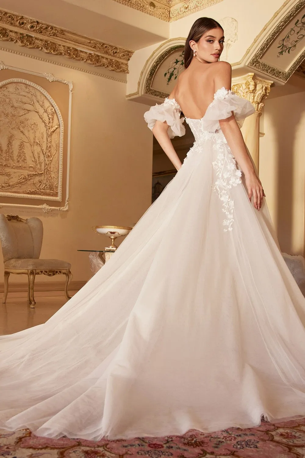 Retro floral gown with sweetheart bodice, puff sleeves, and white bridal look