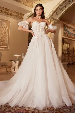 Retro floral gown with sweetheart bodice, puff sleeves, and white bridal look