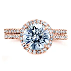 Round Brilliant Moissanite and Diamond Halo Bridal Wedding Rings Set 2 1/3 CTW 14k Rose Gold