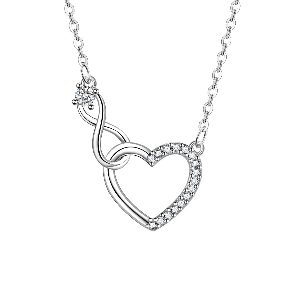 Sterling Silver Zircon Heart Interlocking with Infinity Symbol Necklace