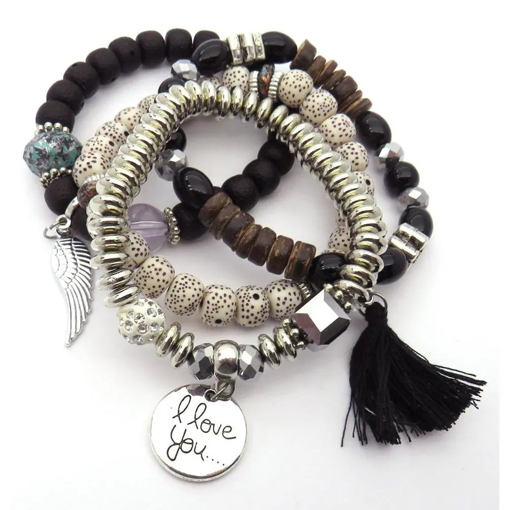 Tassel Love Bracelet Set, 4pc, Black