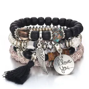 Tassel Love Bracelet Set, 4pc, Black