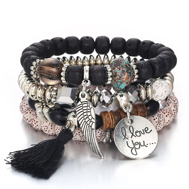 Tassel Love Bracelet Set, 4pc, Black