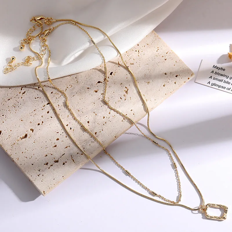 Triple-Layer Gold-Plated Necklace with Geometric Pendant – Modern Minimalist Statement Jewelry-jltn0544