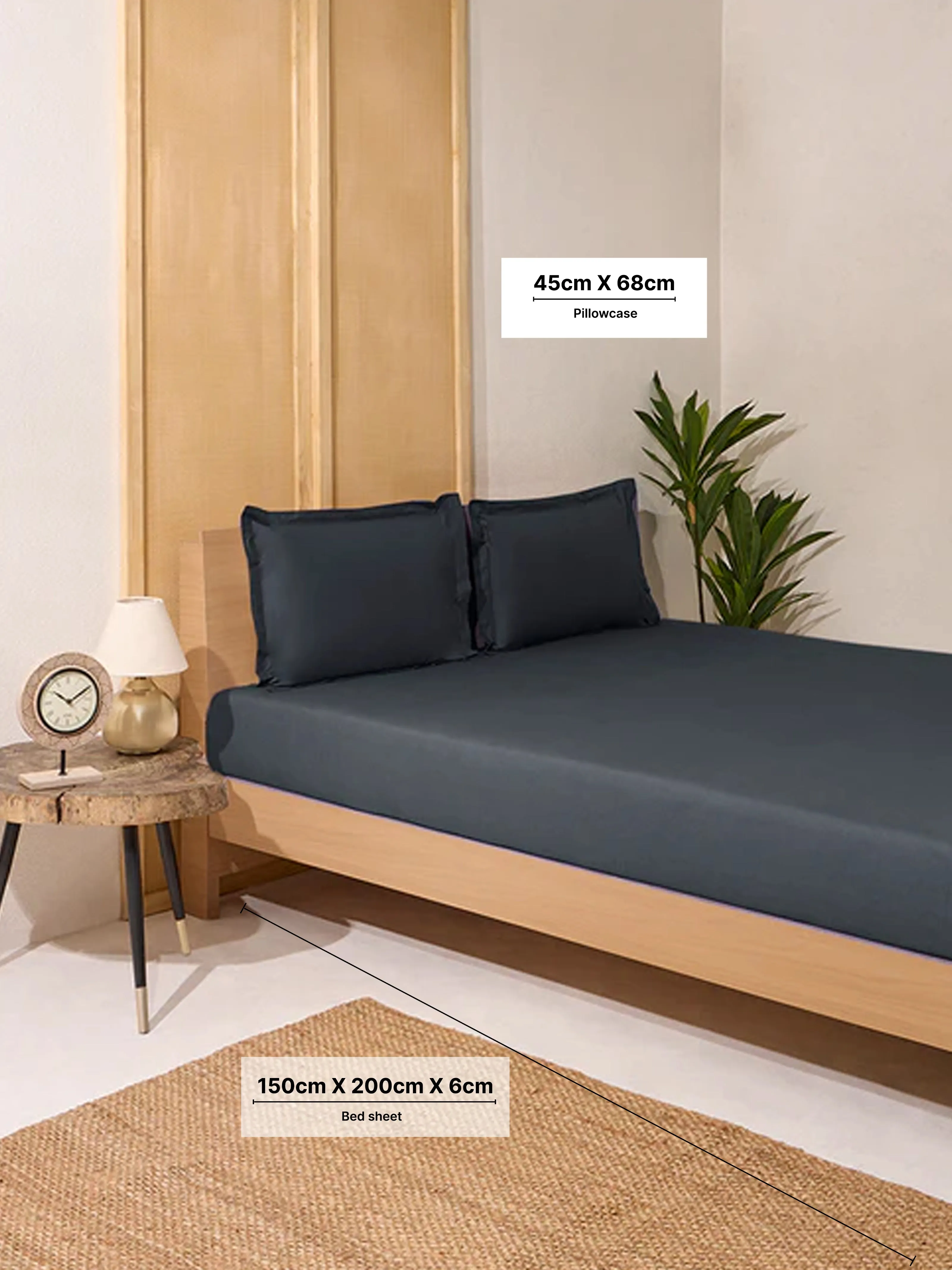 Westside Home Charcoal Solid Double Bed Fitted Sheet and Pillowcase Set