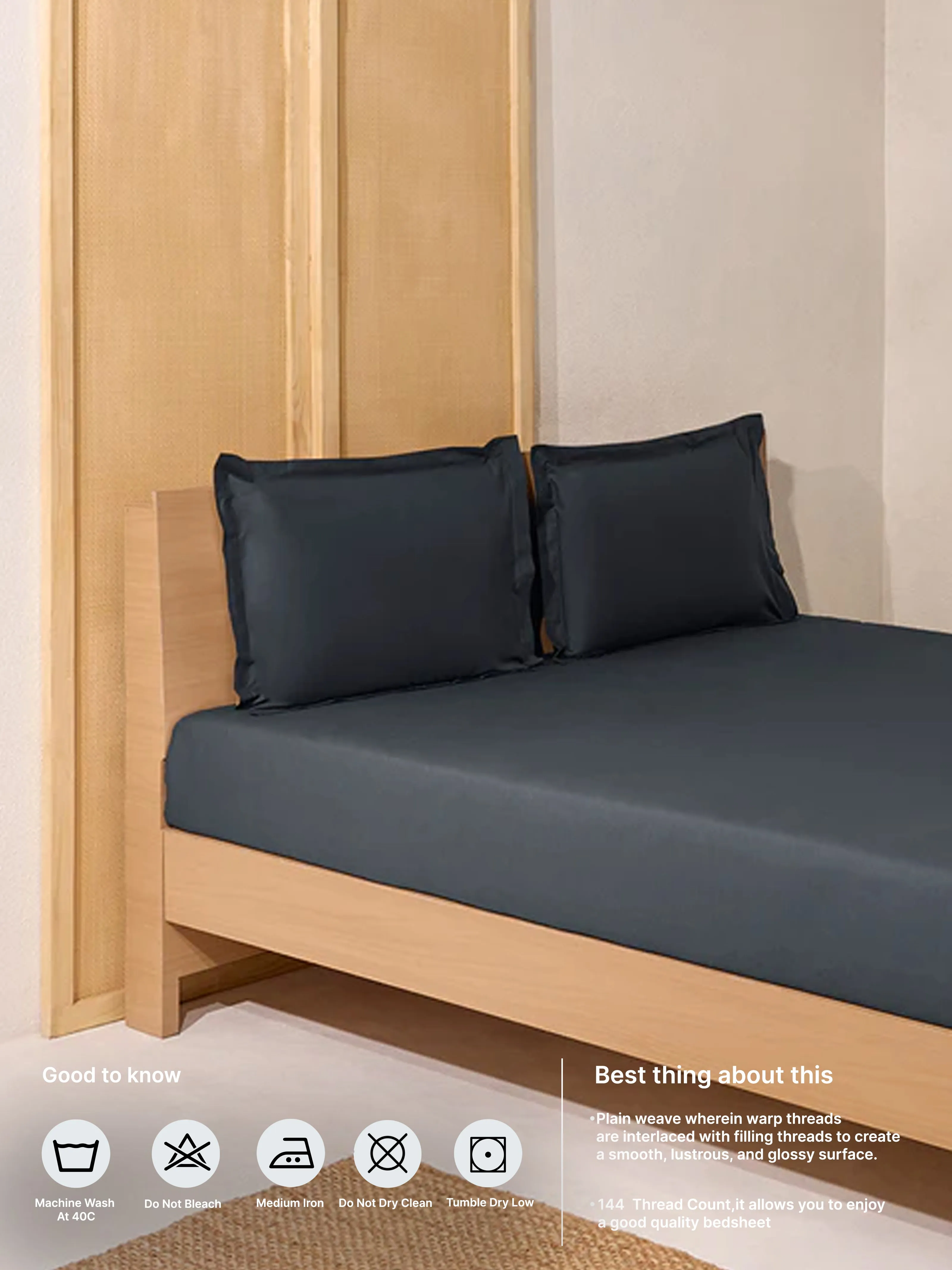 Westside Home Charcoal Solid Double Bed Fitted Sheet and Pillowcase Set