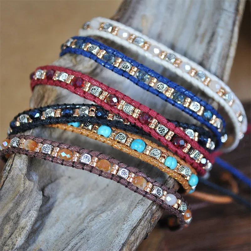 Wholesale Bohemian Colorful Rice Beads Double Strand Woven Rope Stretch Bracelet